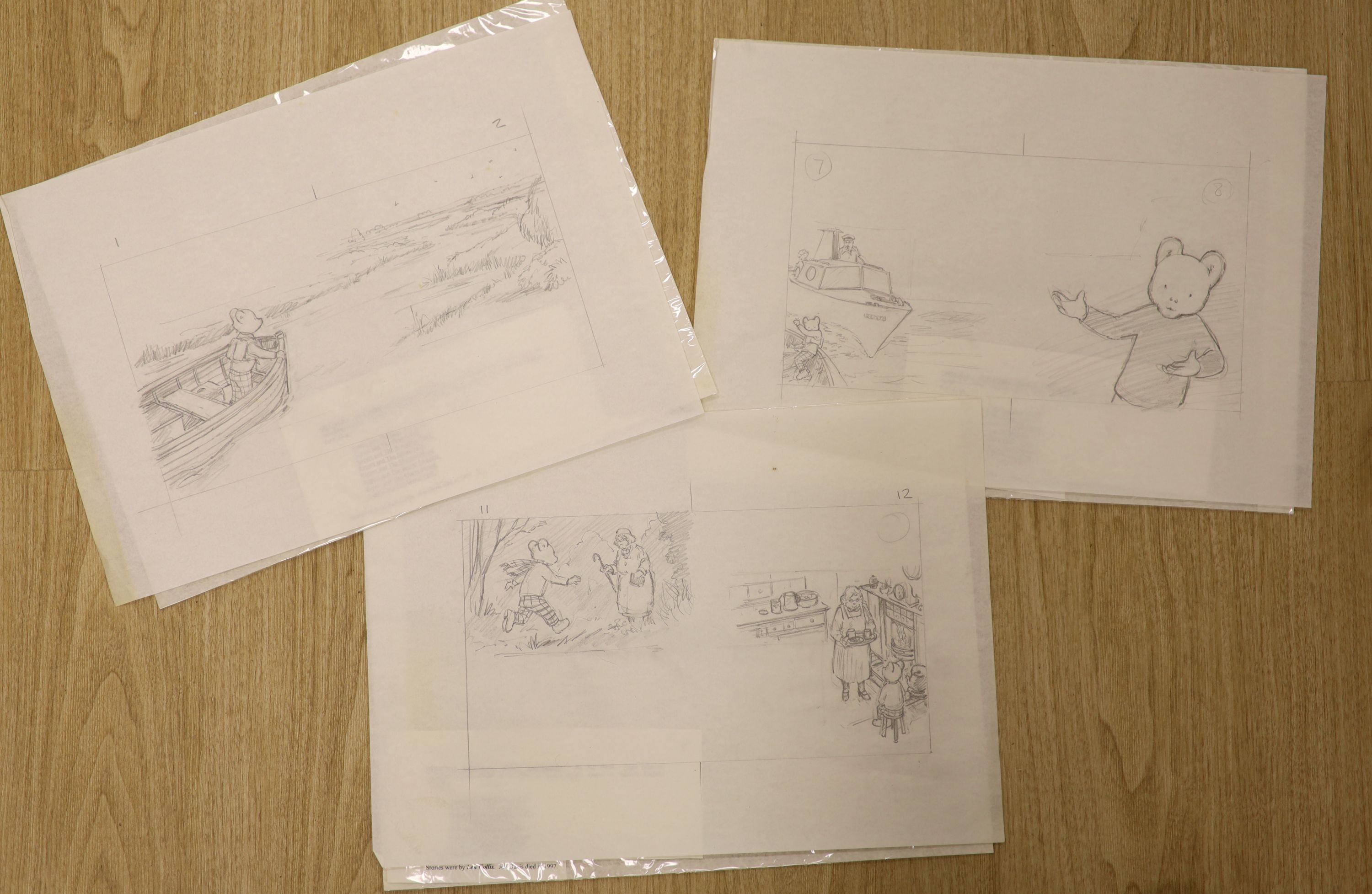 Jon Davies, three original pencil sketches for Rupert The Bear books, printed in 1986, overall 29 x 41cm, unframed